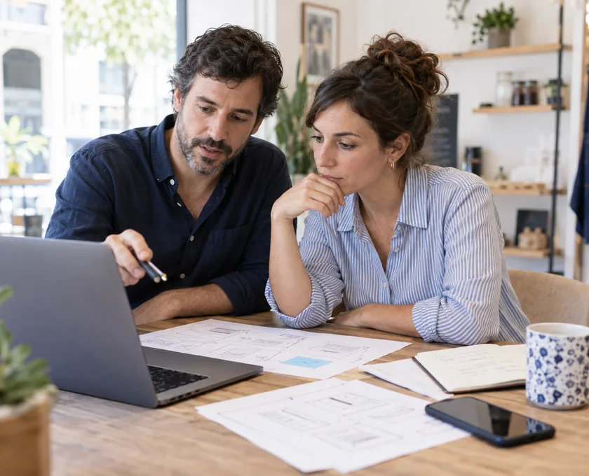 Profesionales revisando la estructura y el recorrido comercial de una página web